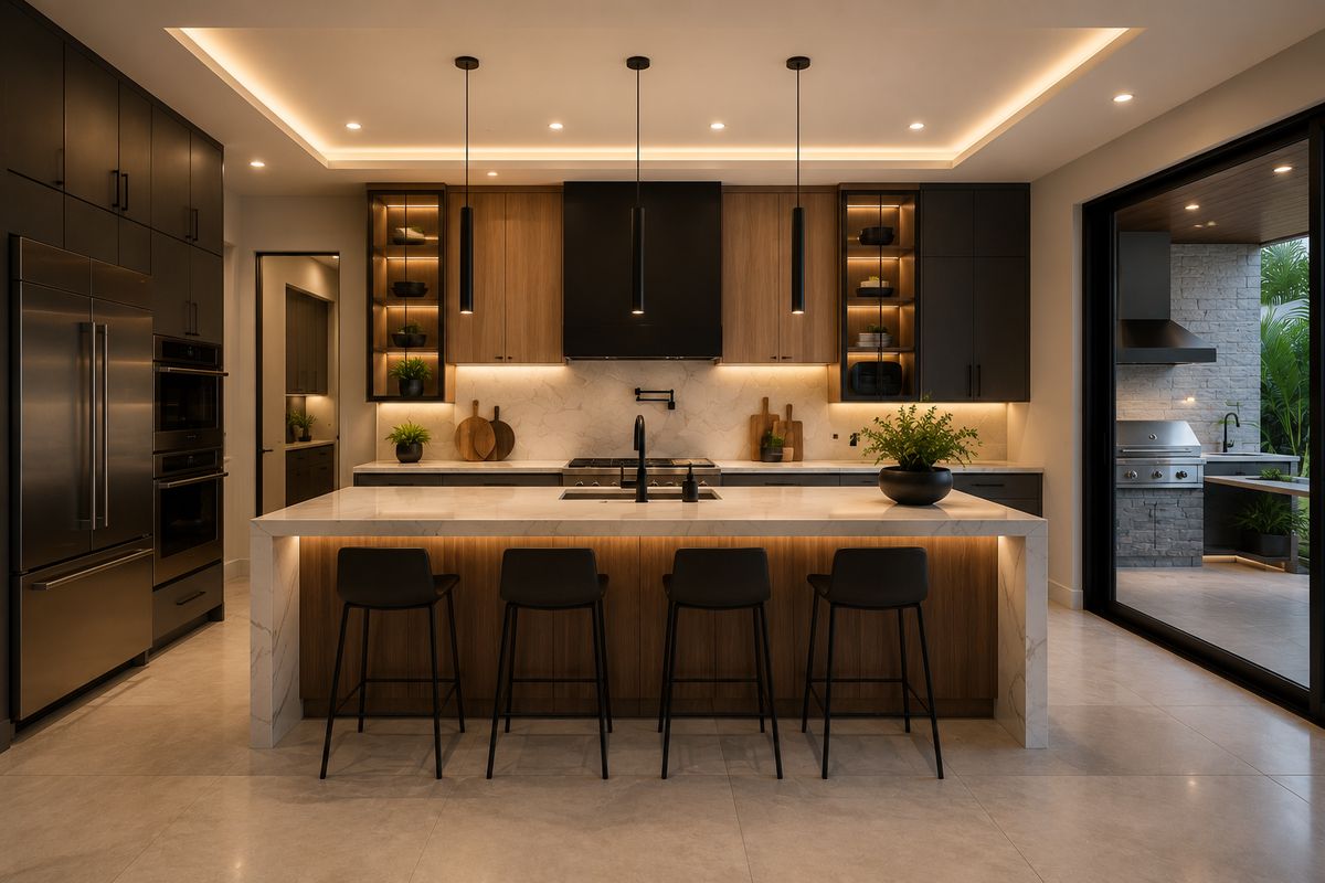 Design concept render of a dark contemporary kitchen